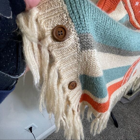 Moon Knitted, Fringed Poncho with Decorative Buttons, Acrylic - Small - Picture 4 of 9